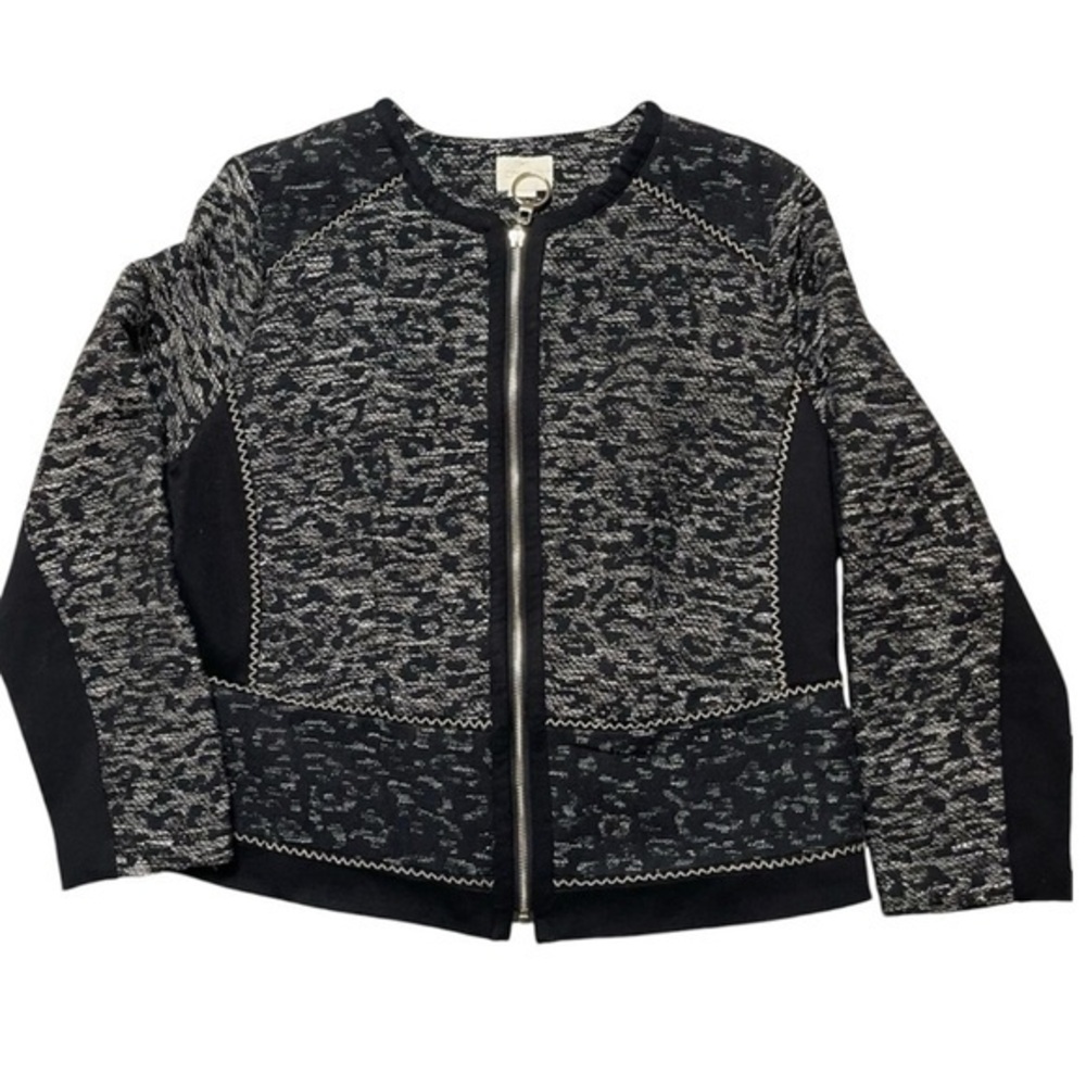 Chico's Black White Gold Pieced Jacquard Zip Up Animal Print Jacket - Size Large